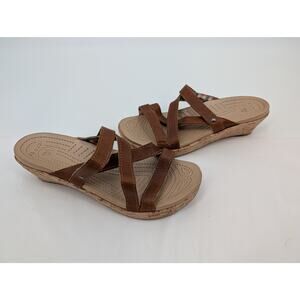 Crocs A Leigh Women's Strappy Cork Slip On Wedge Brown 8 Festival Boho Hippie